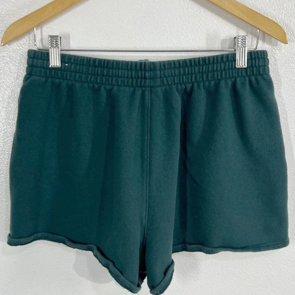 PINK Victoria's Secret Campus Fleece Shorts Medium Green Varsity Crest Raw Hem